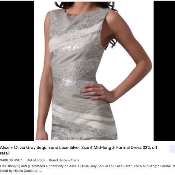 550 Alice + Olivia lace sequins tulle and silk oyster sliver sheath dress Size 0 - Picture 9 of 12